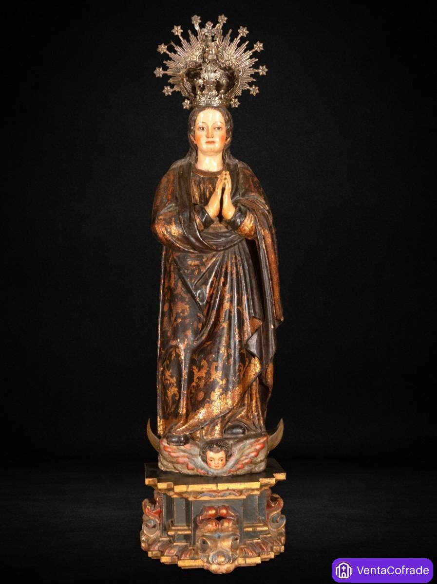 Importante Virgen Inmaculada colonial hispanoamericana, siglo XVII-XVIII, corona de plata - foto 1