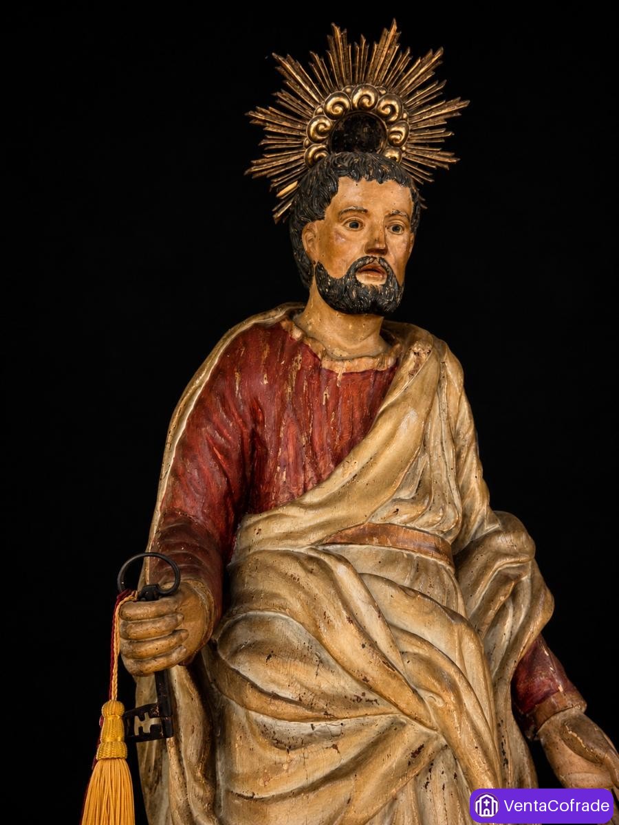 San Pedro Apóstol en madera policromada con peana. España, XVIII-XIX - foto 3