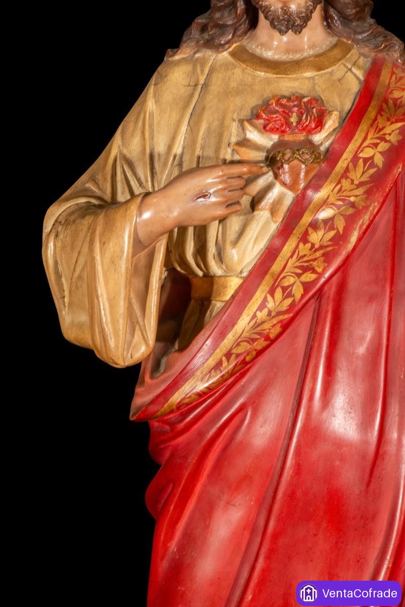 Sagrado Corazón de Jesús talla policromada Olot gran formato 82 cm sello original 1920-1940 - foto 3