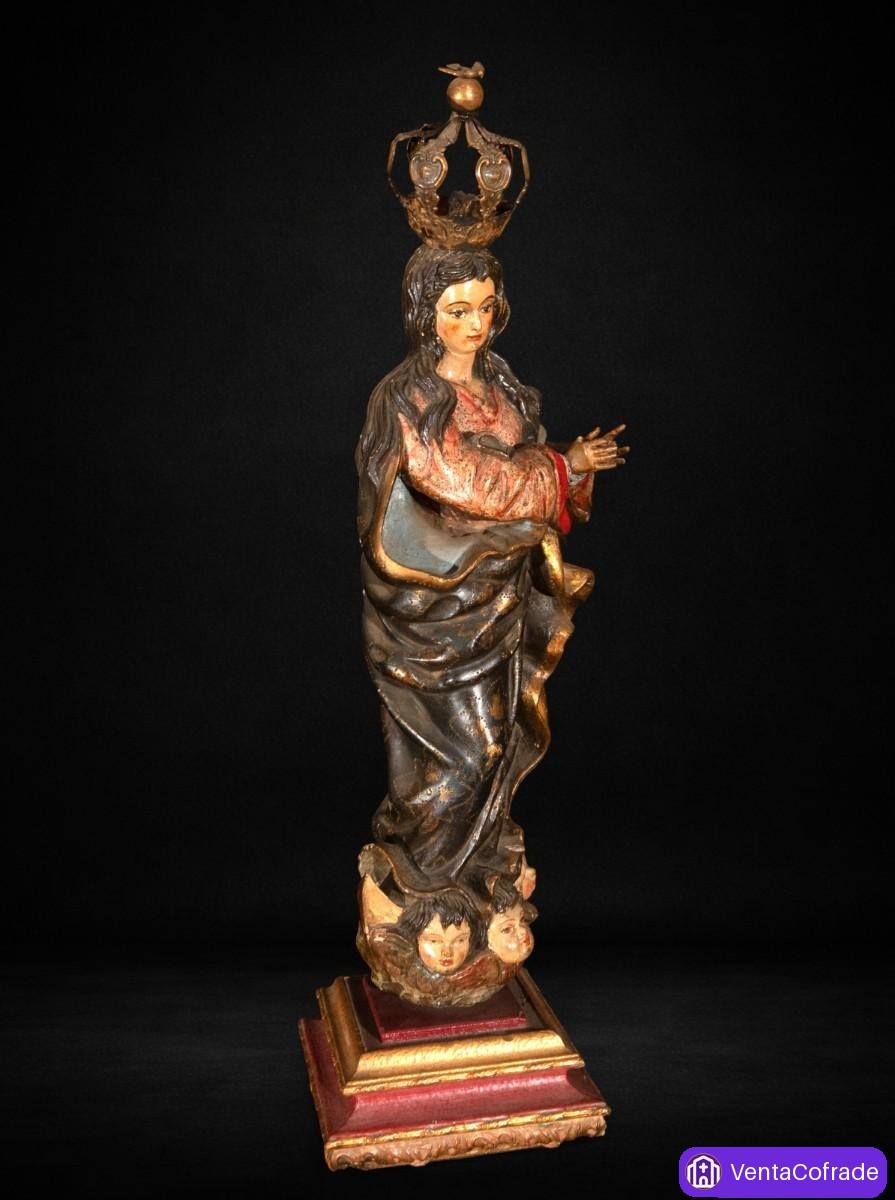 Virgen Purísima barroca, talla en madera policromada, siglo XVII, 65 cm - foto 5