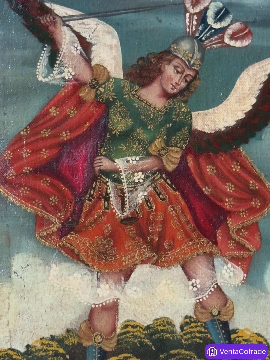 6 óleos coloniales Escuela Cuzqueña, arcángeles y vírgenes, s. XVIII-XIX - foto 4