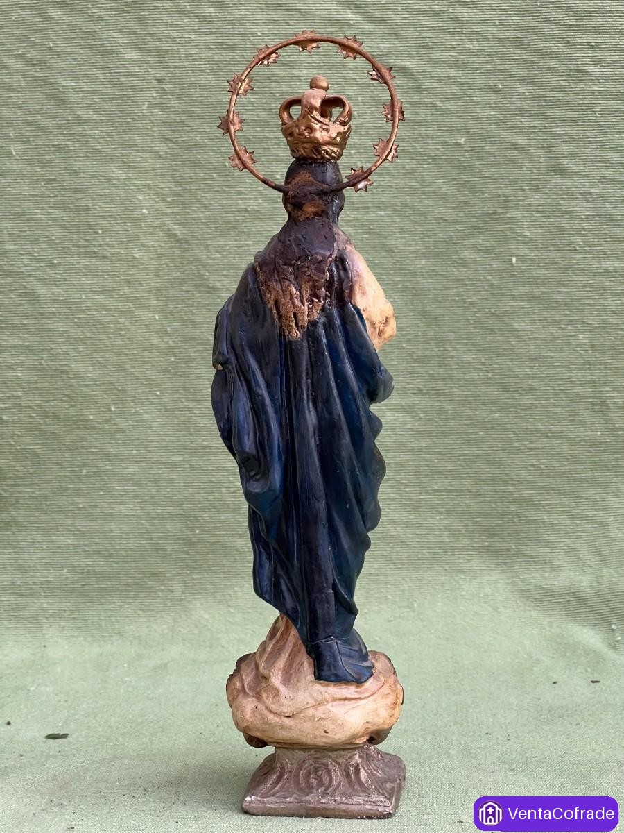 Virgen Inmaculada Concepción antigua s.XIX en estaño policromado con corona y halo originales - foto 4