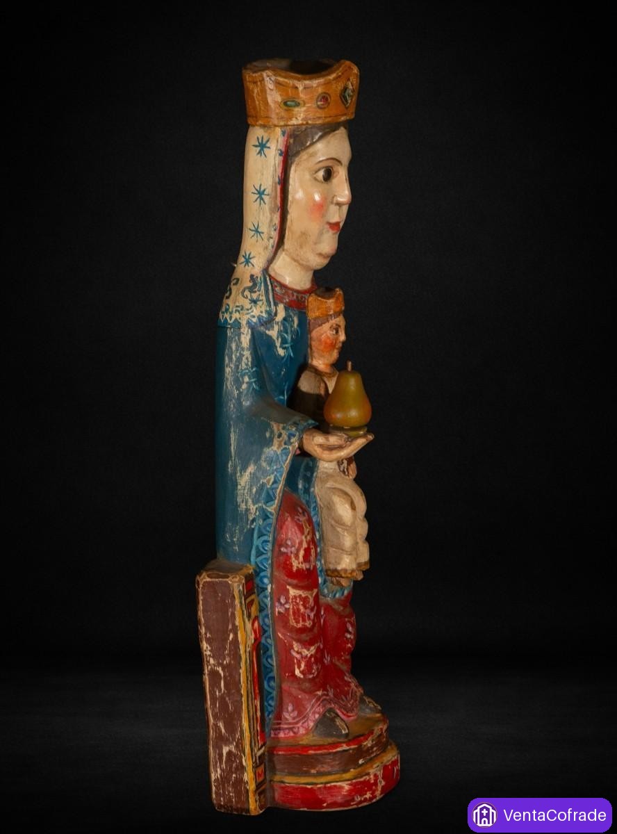 Virgen románica con el Niño entronizada, talla en madera policromada estilo románico, 60 cm - foto 5