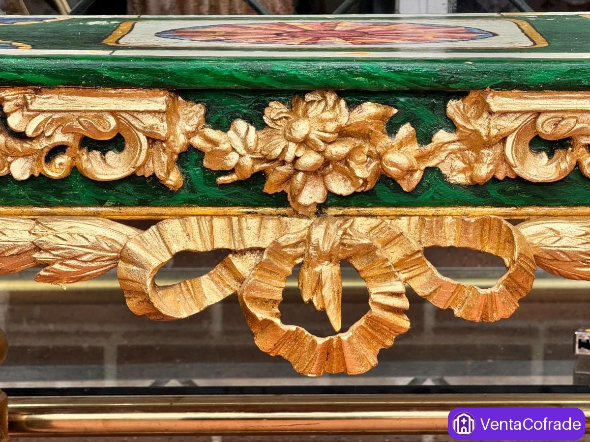 Consola decorativa estilo Luis XVI, madera tallada y dorada, siglo XX - foto 2