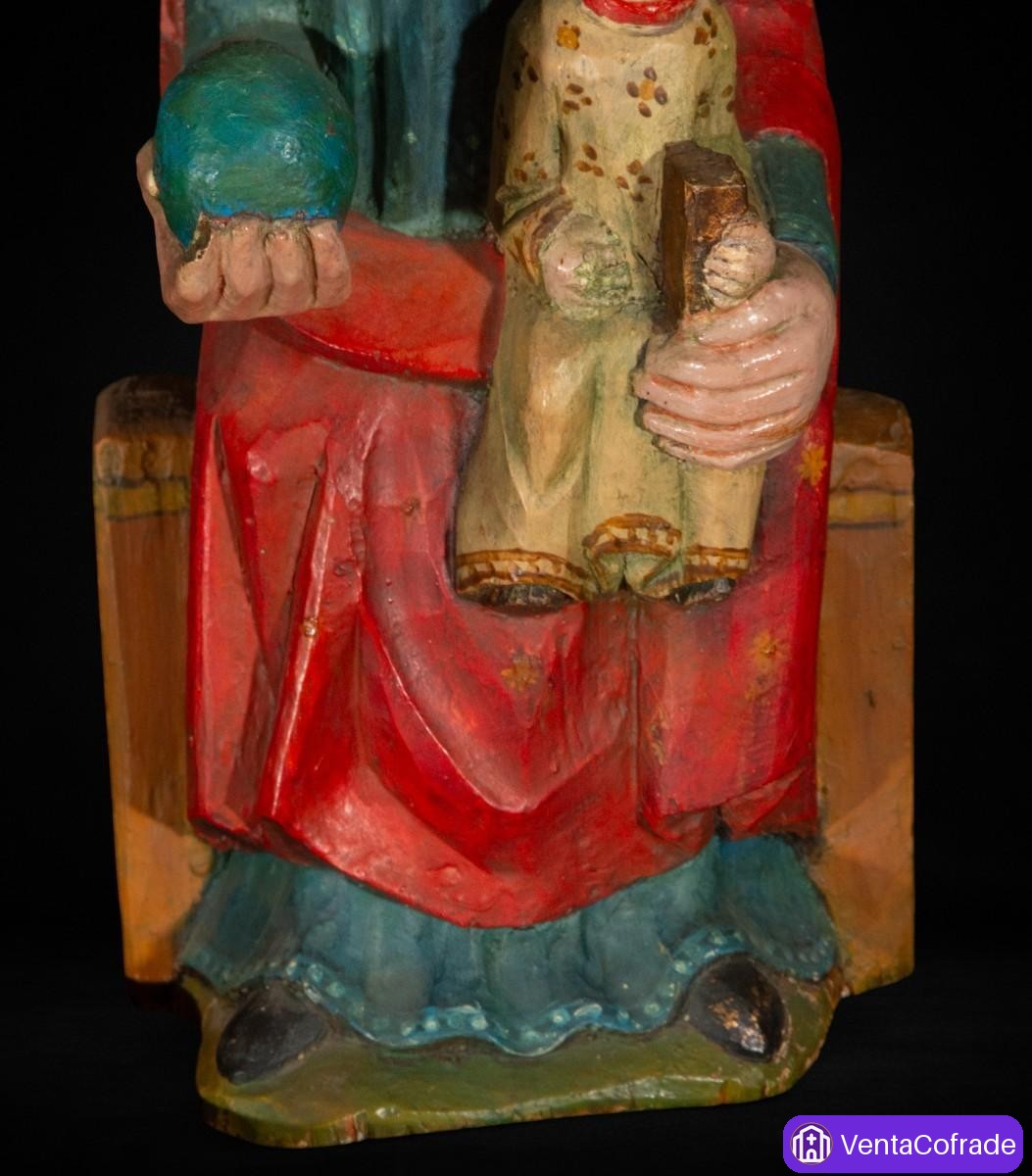 Virgen con el Niño en trono estilo Románico, talla policromada siglo XX - foto 4