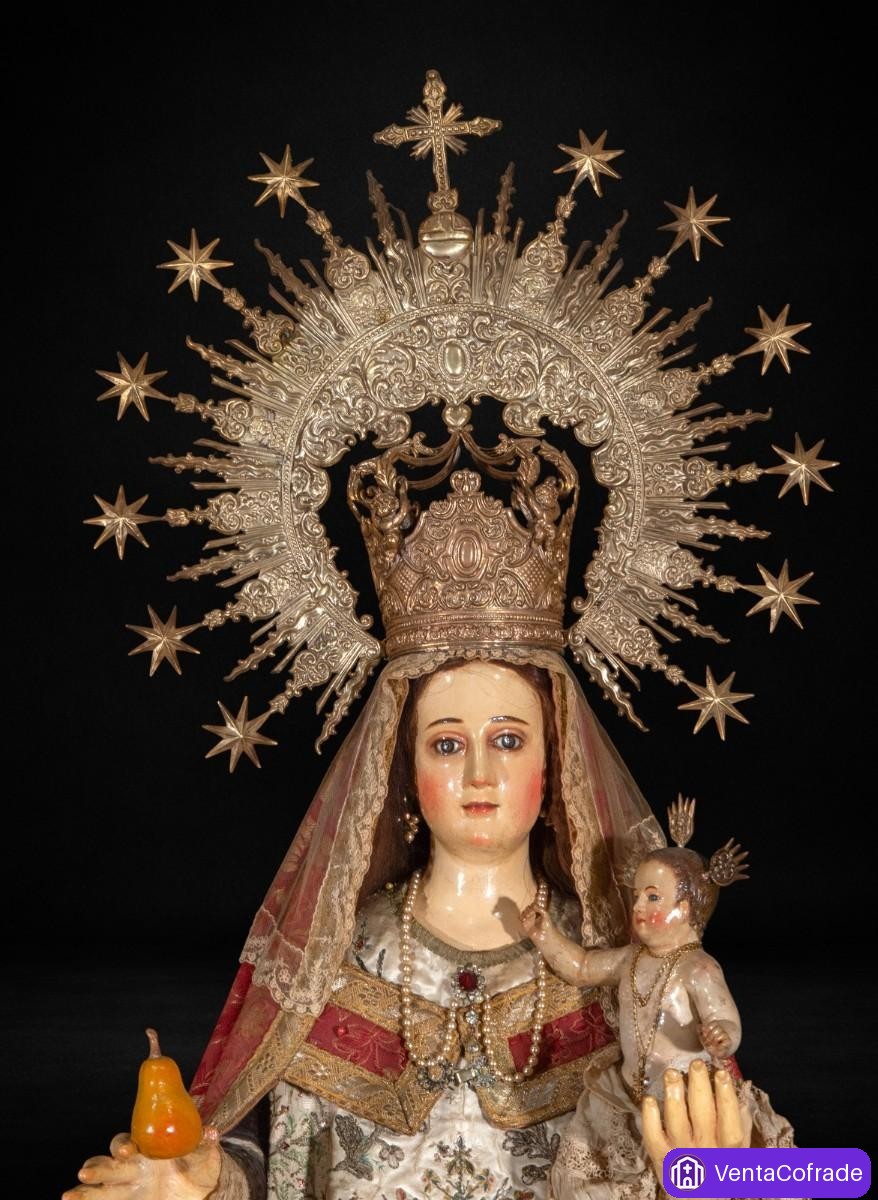 Gran Virgen de la Pera virreinal peruana s. XVII-XVIII con Niño, corona y ráfaga de plata - foto 3