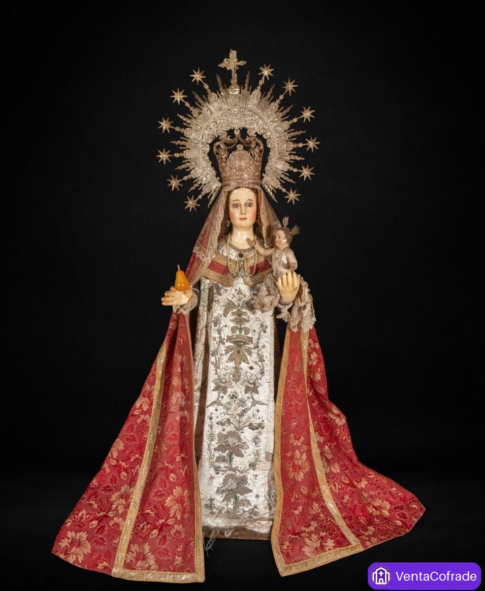 Gran Virgen de la Pera virreinal peruana s. XVII-XVIII con Niño, corona y ráfaga de plata - foto 1