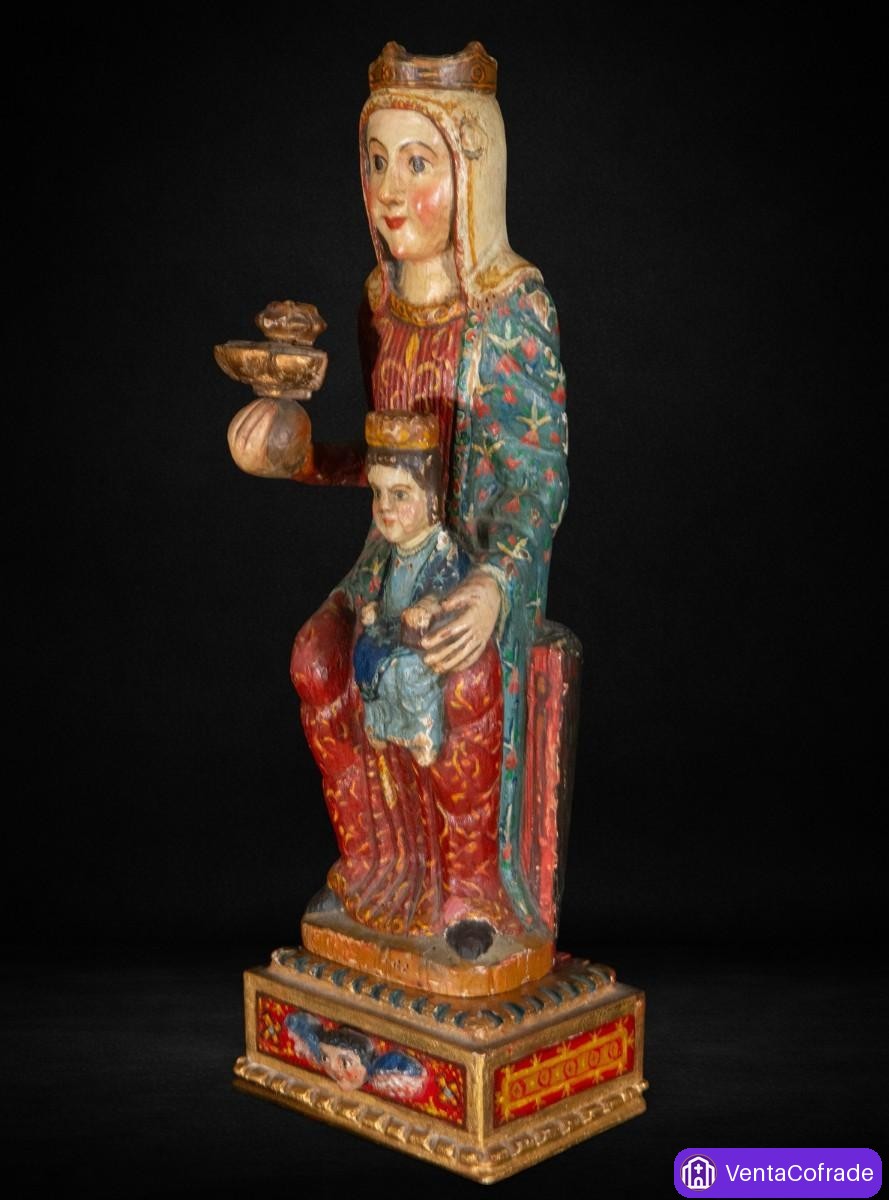 Virgen con Niño estilo románico, imponente talla en madera policromada de 53 cm - foto 5