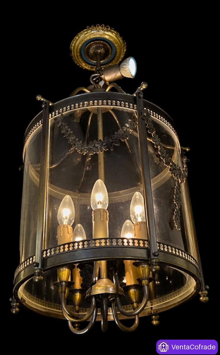 Lámpara antigua de techo tipo linterna en latón y cristal, estilo Imperio, siglo XIX - foto 1