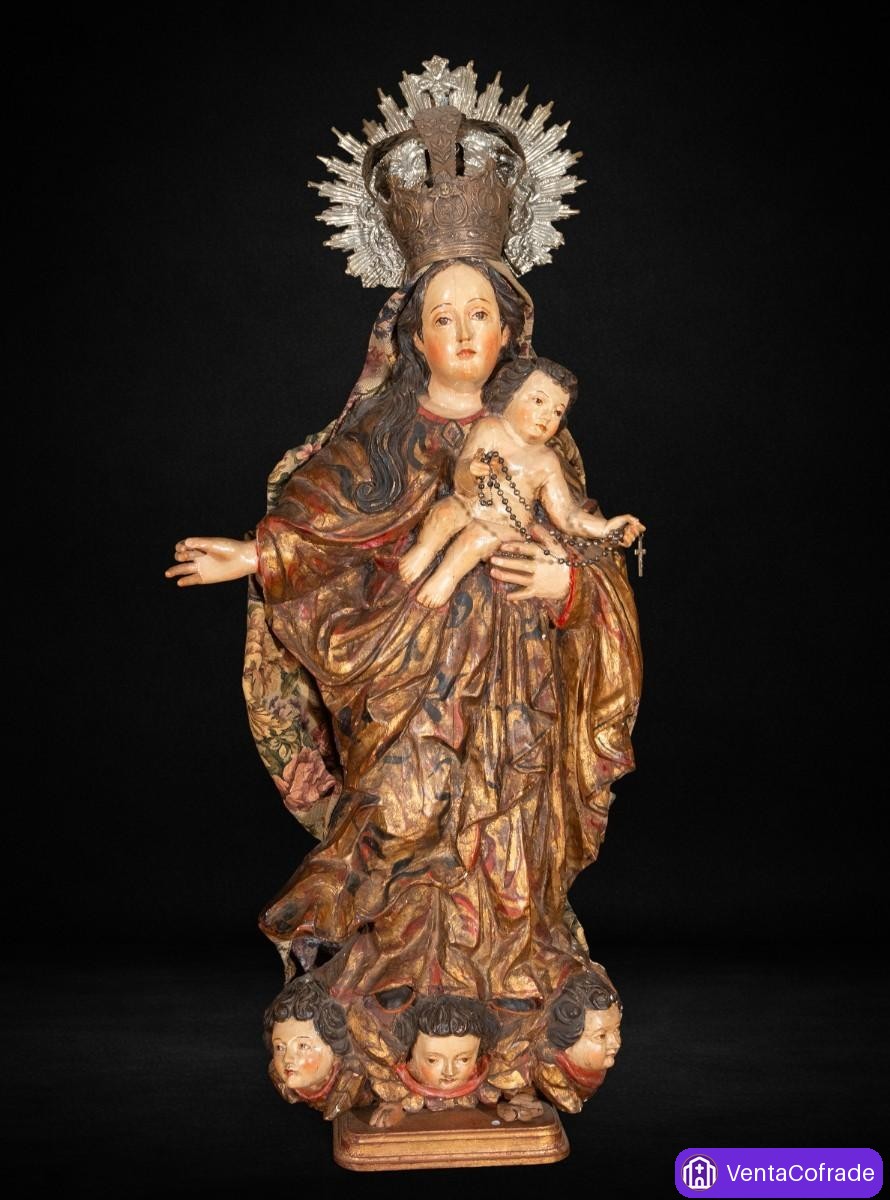 Virgen del Rosario virreinal peruana, madera policromada y dorada, corona de plata, s. XVIII-XIX - foto 1