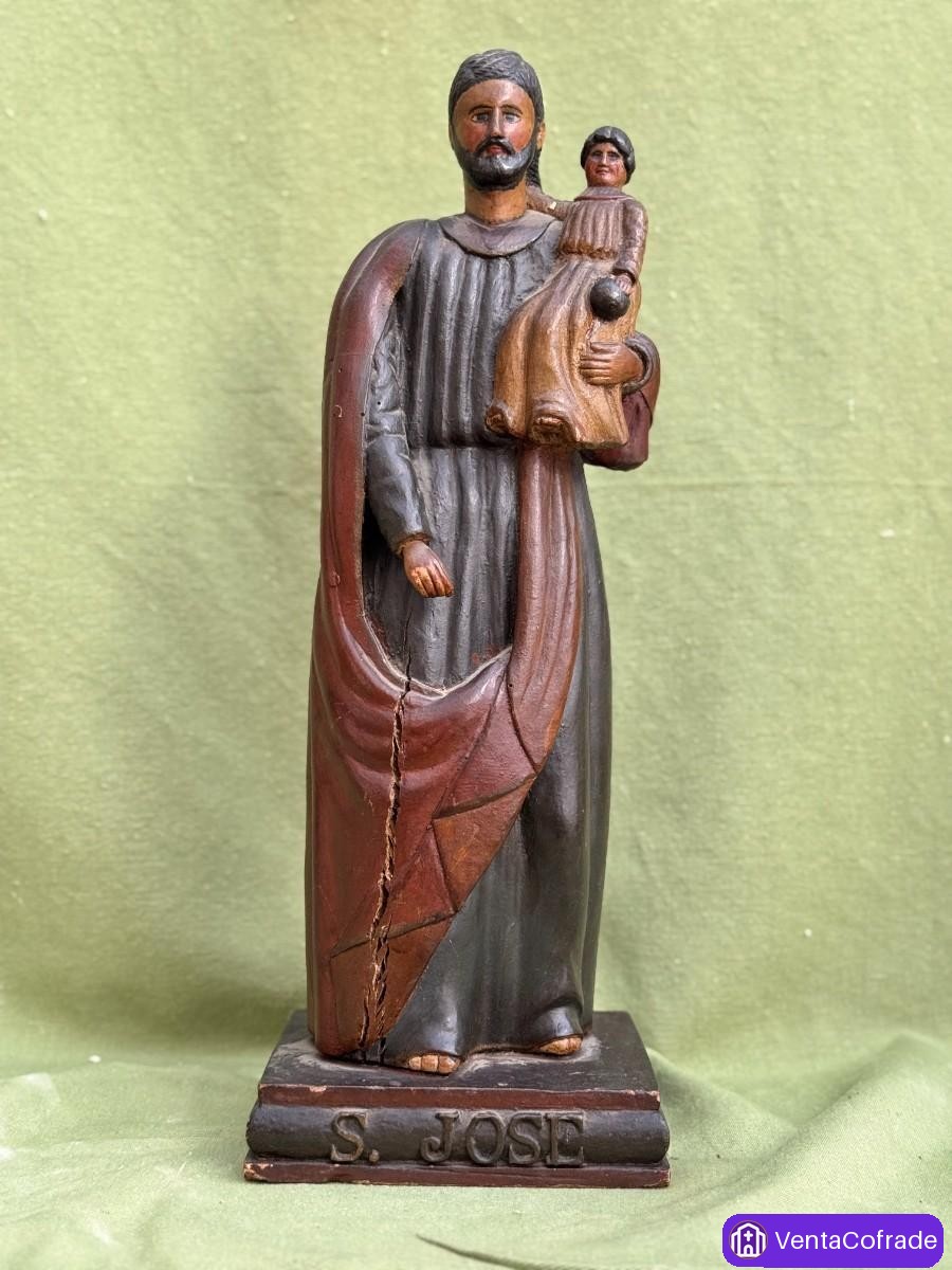 San José con el Niño, talla devocional en madera policromada, España, S.XIX – 42 cm - foto 1