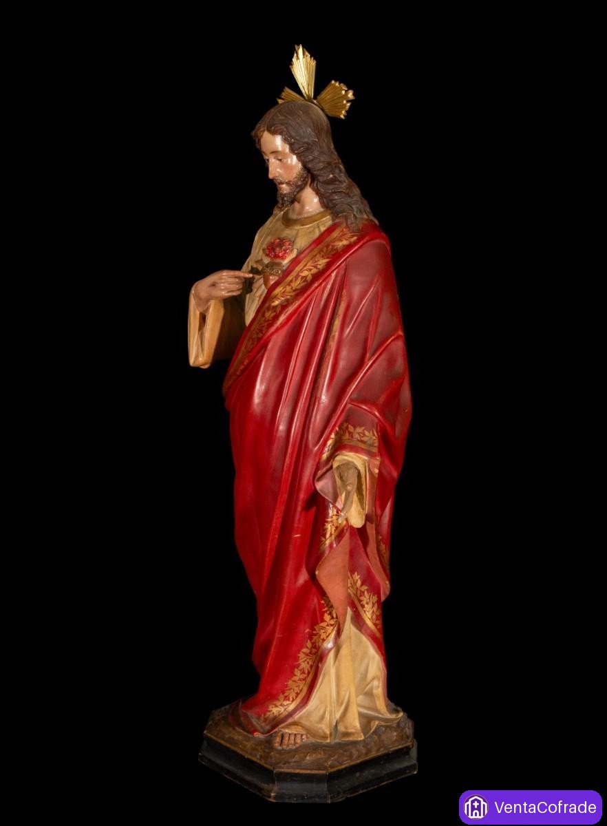 Sagrado Corazón de Jesús talla policromada Olot gran formato 82 cm sello original 1920-1940 - foto 6