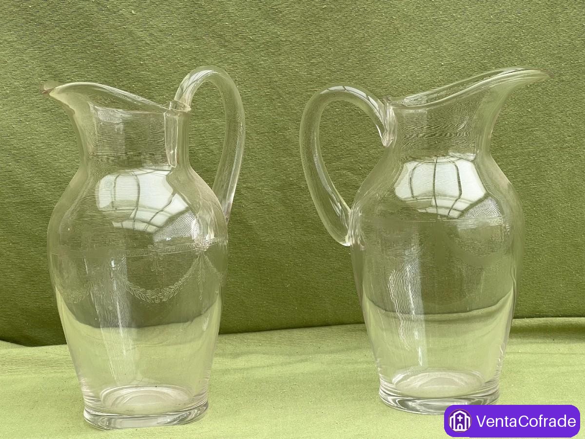 Pareja de Jarras Vintage Cristal Grabado Guirnalda - foto 2