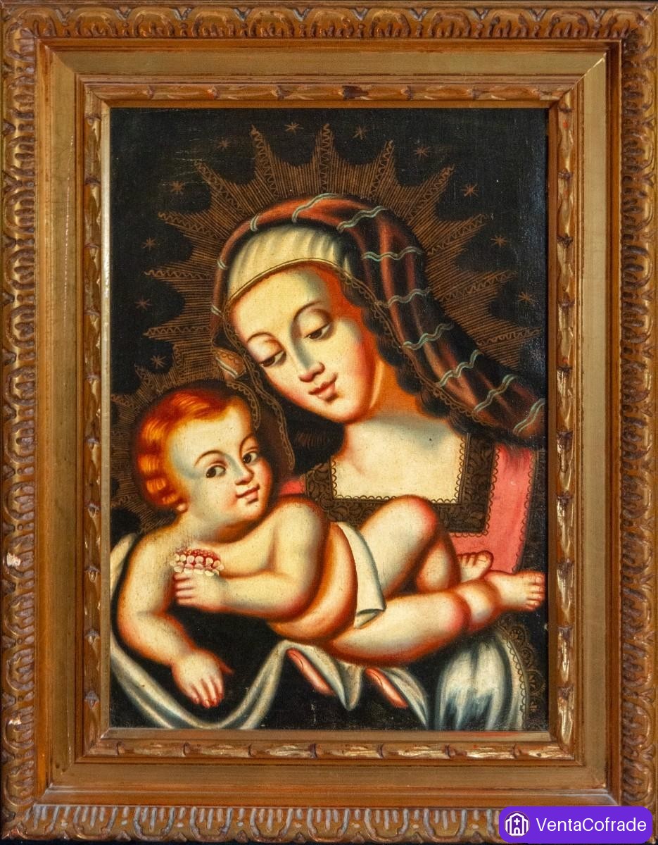 Virgen con Niño, óleo colonial andino, escuela cuzqueña, siglo XIX, 78 cm - foto 1