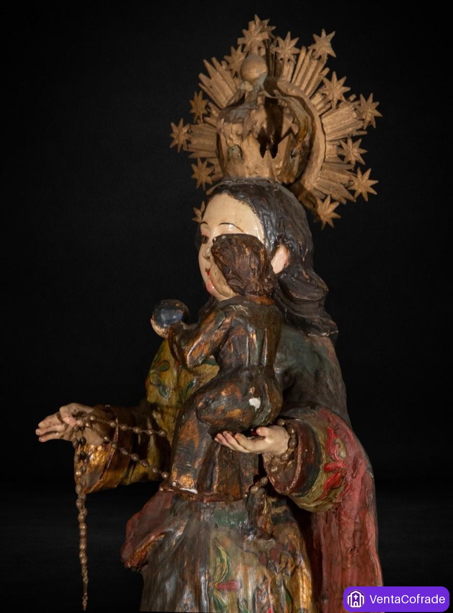 Virgen con Niño colonial del Perú, madera de maguey policromada, siglo XVIII - foto 3