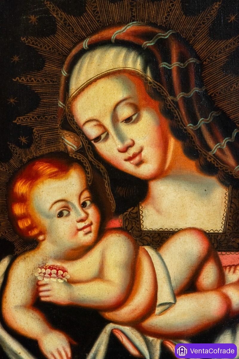 Virgen con Niño, óleo colonial andino, escuela cuzqueña, siglo XIX, 78 cm - foto 2