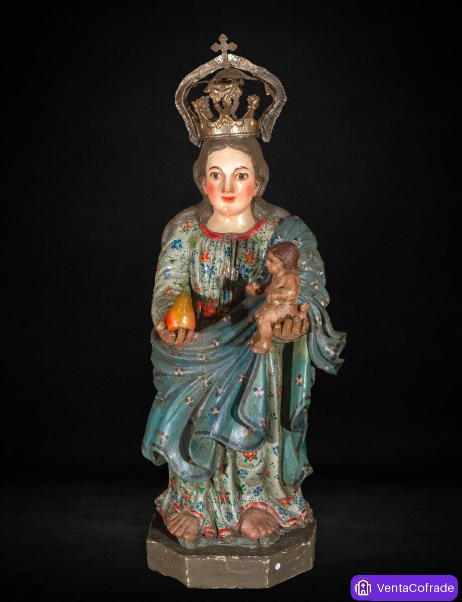 Virgen de la Pera con Niño, talla colonial en madera policromada, siglo XVIII - foto 1