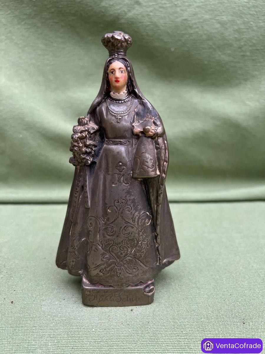 Virgen de la Salut – Pequeña escultura devocional del siglo XIX en metal, 15 cm - foto 1