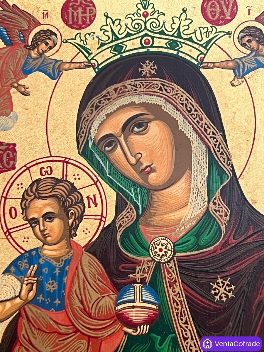 Icono Bizantino de la Virgen con el Niño, Pintado a Mano sobre Madera, Marco en Plata de Ley 925 - foto 5