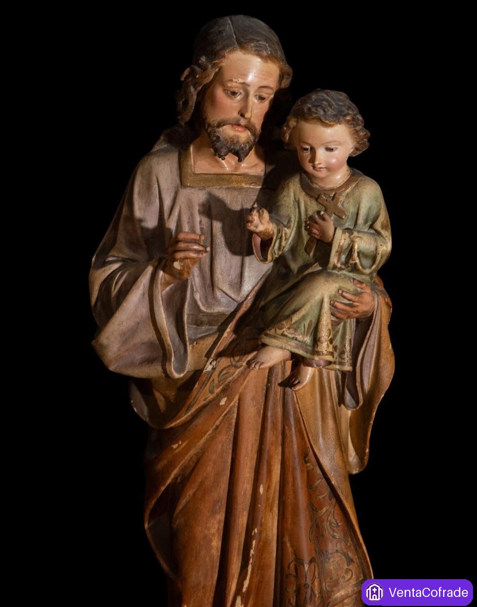 San José con Niño talla Olot policromada siglo XIX arte sacro 52 cm - foto 2