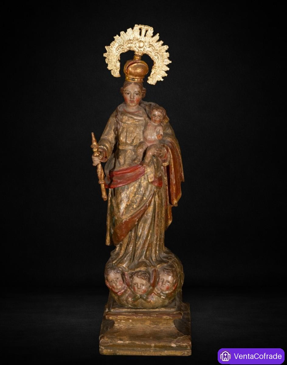 Virgen con Niño barroca en madera policromada y dorada, siglo XVII, 49 cm - foto 1