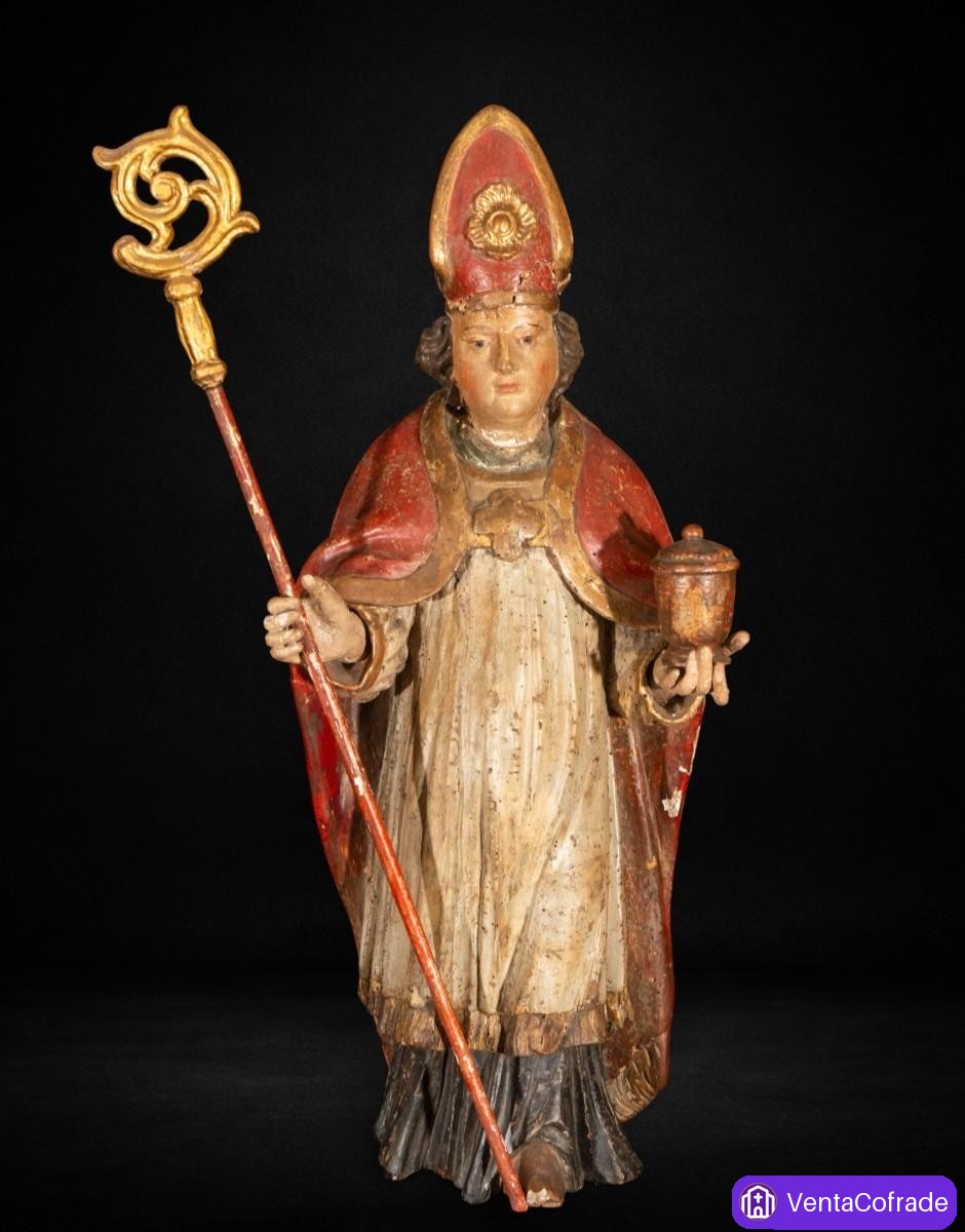 Santo Obispo barroco en madera tallada y policromada, siglo XVIII, 75 cm - foto 1