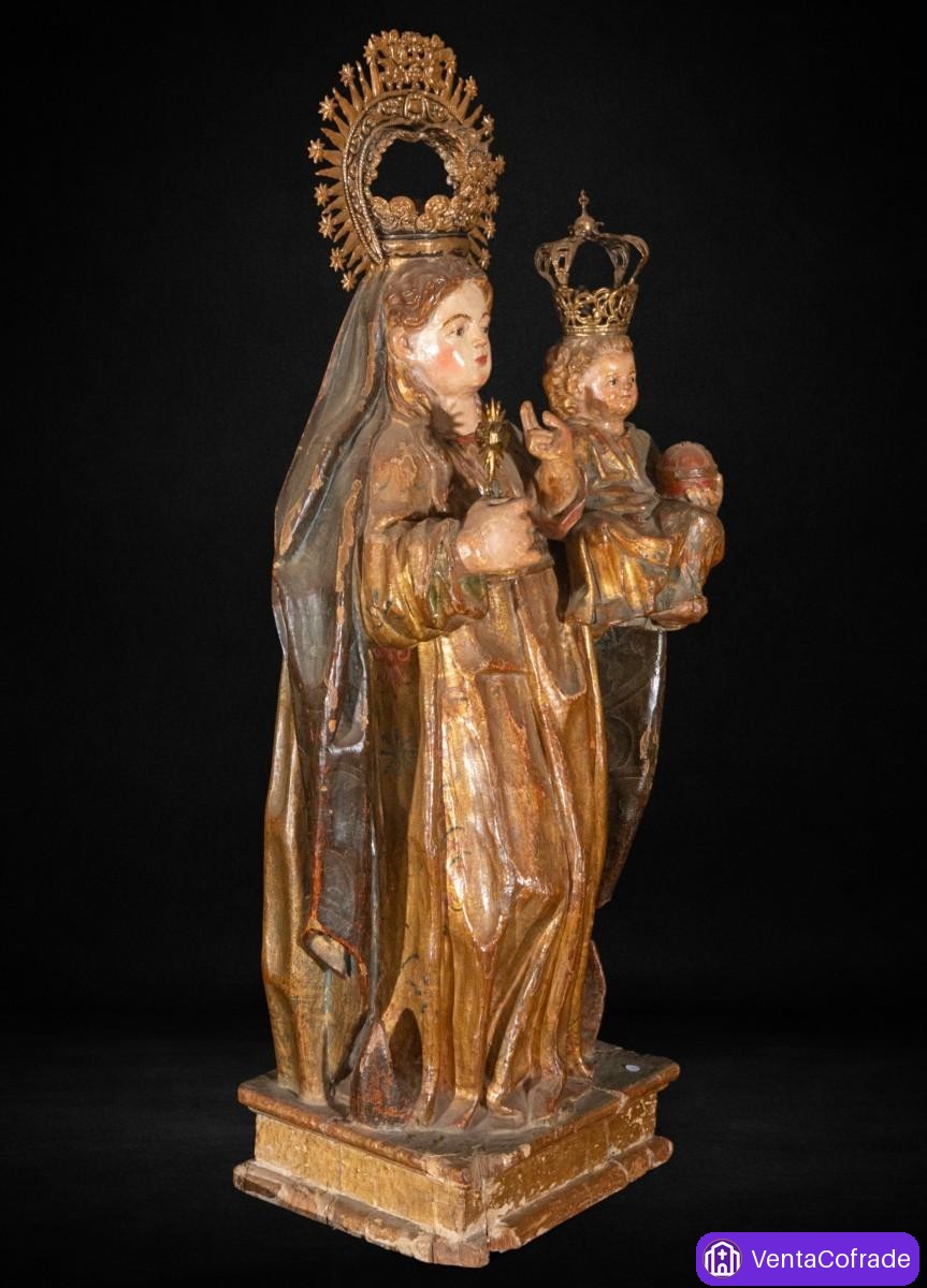 Virgen con Niño talla madera policromada y dorada España c.1600 coronas antiguas - foto 5