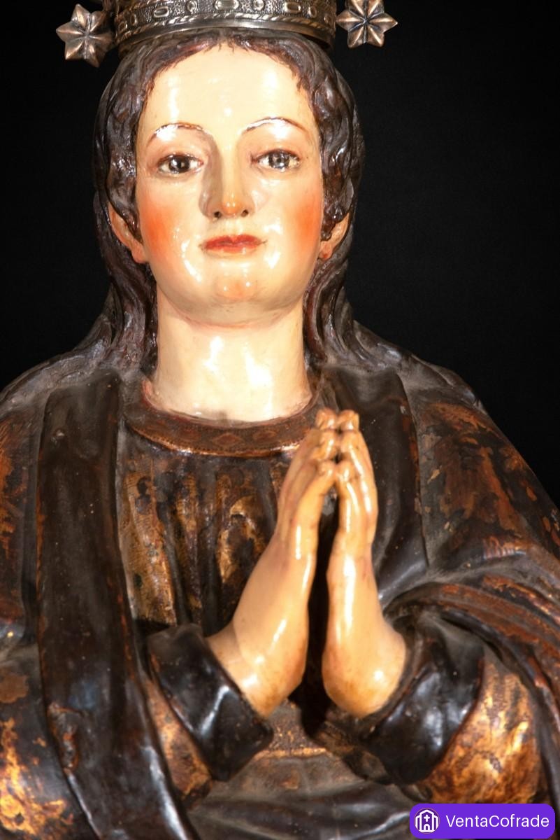 Importante Virgen Inmaculada colonial hispanoamericana, siglo XVII-XVIII, corona de plata - foto 4