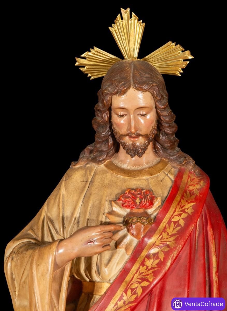 Sagrado Corazón de Jesús talla policromada Olot gran formato 82 cm sello original 1920-1940 - foto 2
