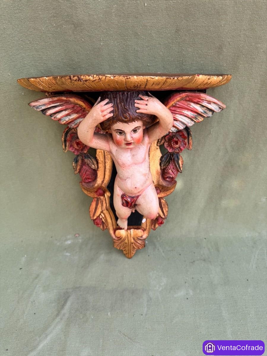 Ménsula con putto alado en madera policromada, estilo Arte Martínez, siglo XX - foto 2