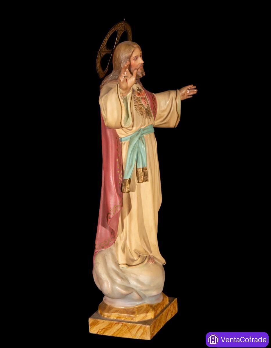 Sagrado Corazón de Jesús en nube, escultura de Olot policromada, 43 cm, primera mitad del siglo XX - foto 6