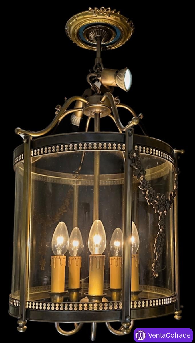 Lámpara antigua de techo tipo linterna en latón y cristal, estilo Imperio, siglo XIX - foto 2