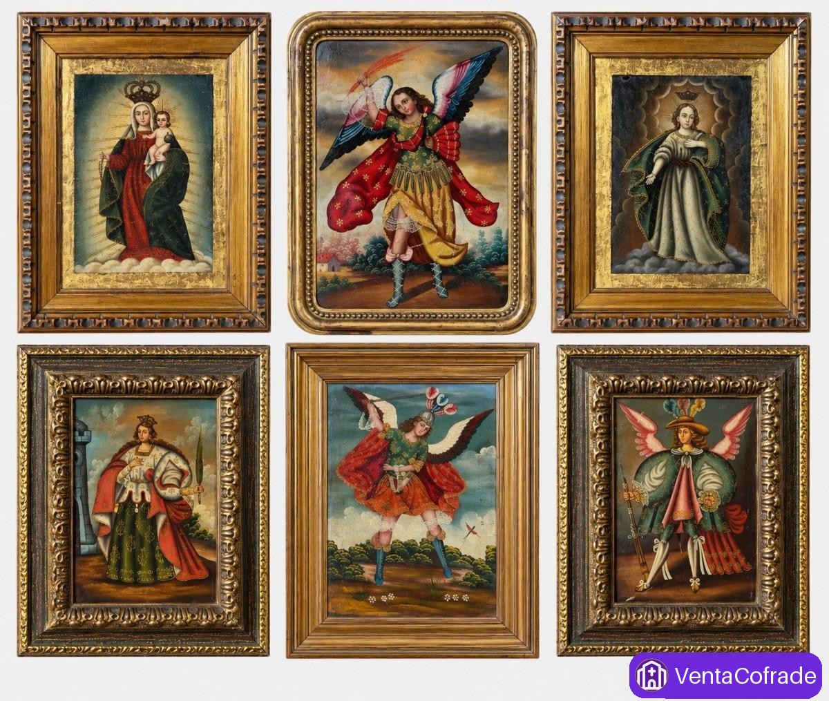 6 óleos coloniales Escuela Cuzqueña, arcángeles y vírgenes, s. XVIII-XIX - foto 1
