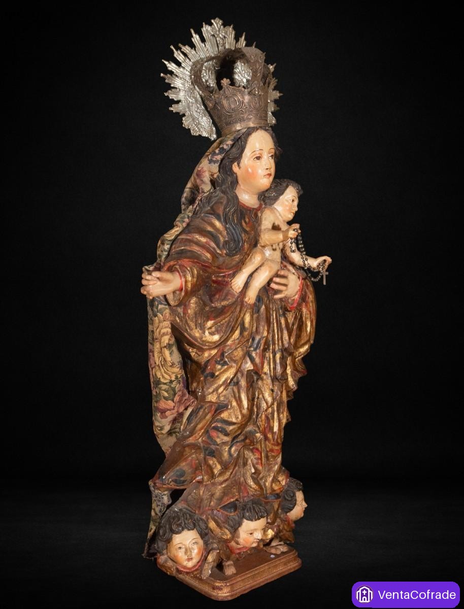 Virgen del Rosario virreinal peruana, madera policromada y dorada, corona de plata, s. XVIII-XIX - foto 6