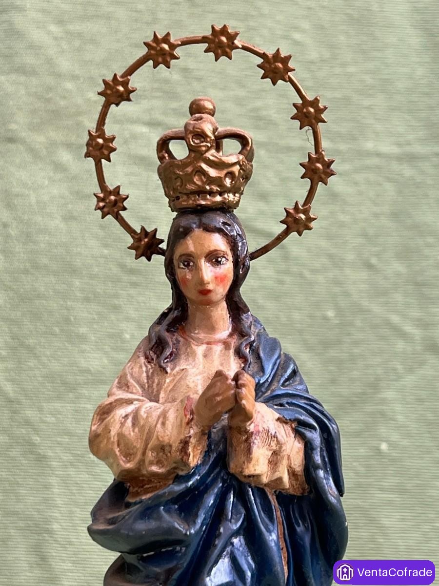 Virgen Inmaculada Concepción antigua s.XIX en estaño policromado con corona y halo originales - foto 2