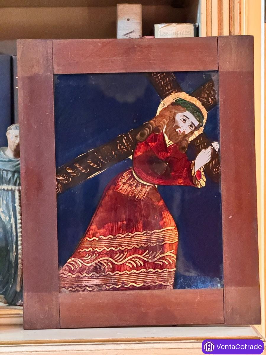 Cristo con la cruz, acuarela sobre cristal S. XIX - foto 1