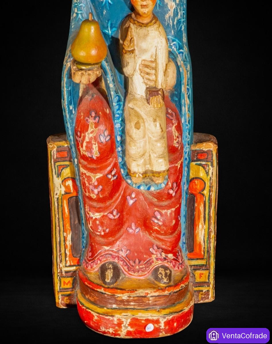 Virgen románica con el Niño entronizada, talla en madera policromada estilo románico, 60 cm - foto 3