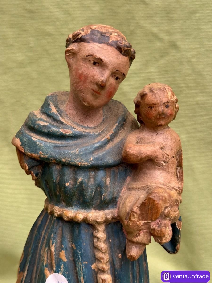 San Antonio de Padua con Niño, talla en madera policromada, siglo XIX, 22 cm - foto 5