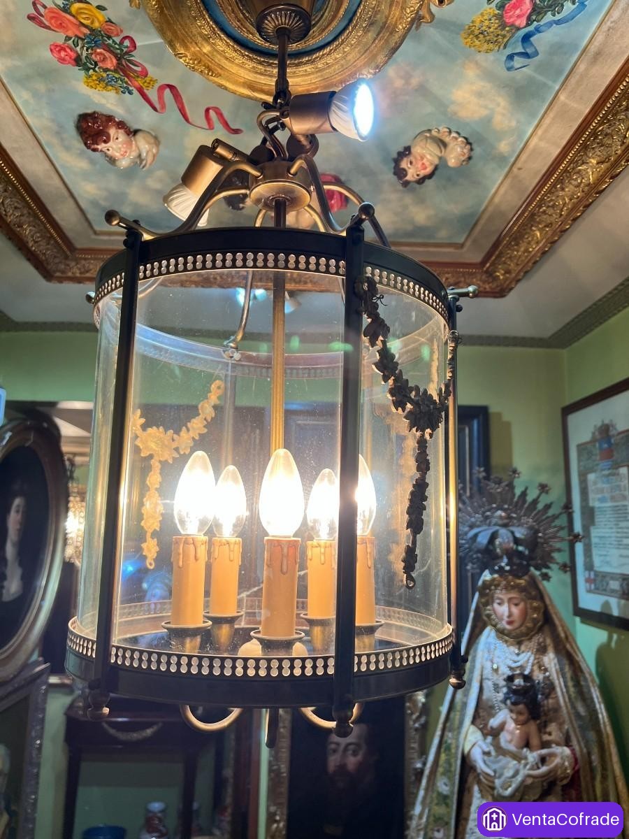 Lámpara antigua de techo tipo linterna en latón y cristal, estilo Imperio, siglo XIX - foto 4