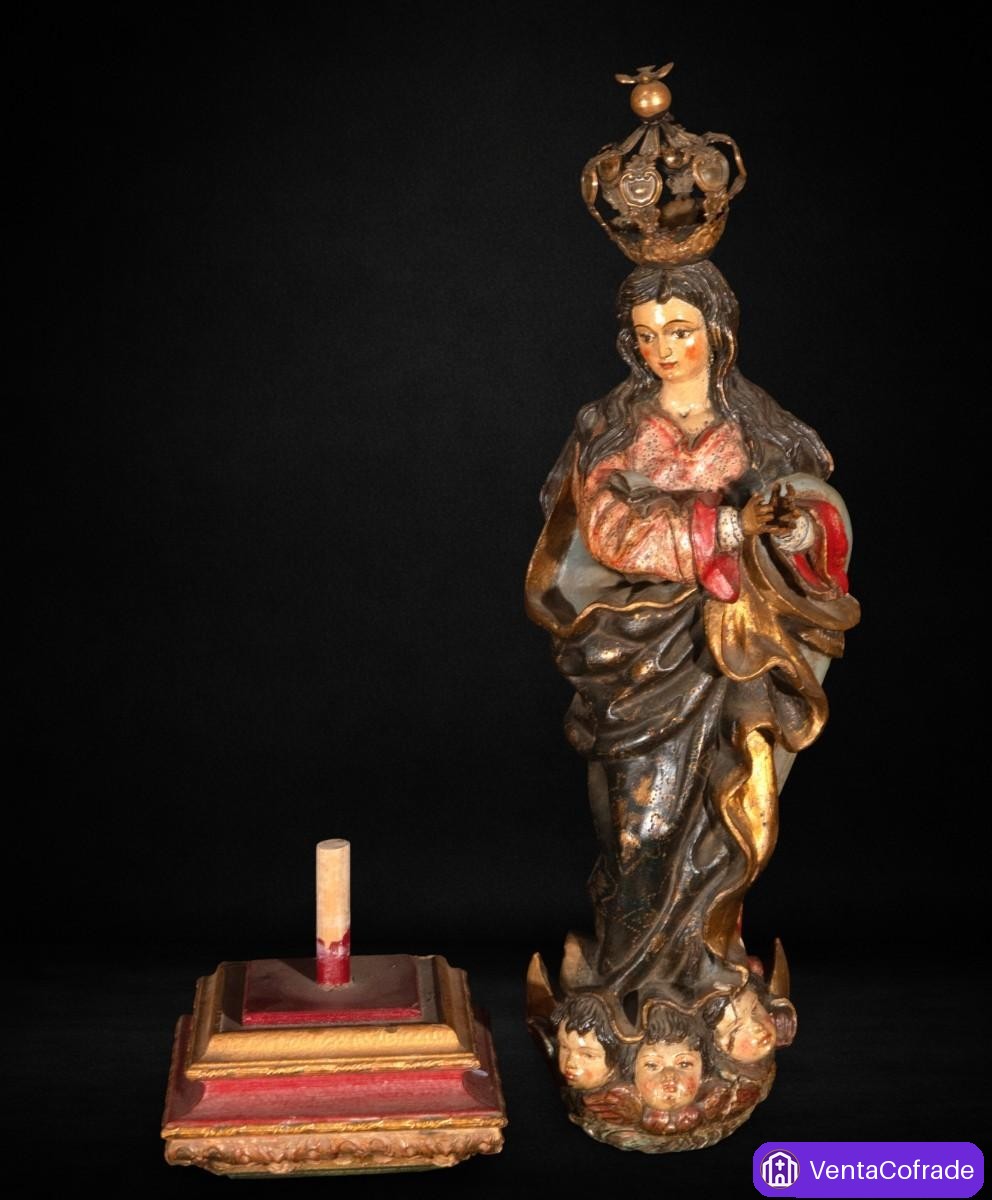Virgen Purísima barroca, talla en madera policromada, siglo XVII, 65 cm - foto 2