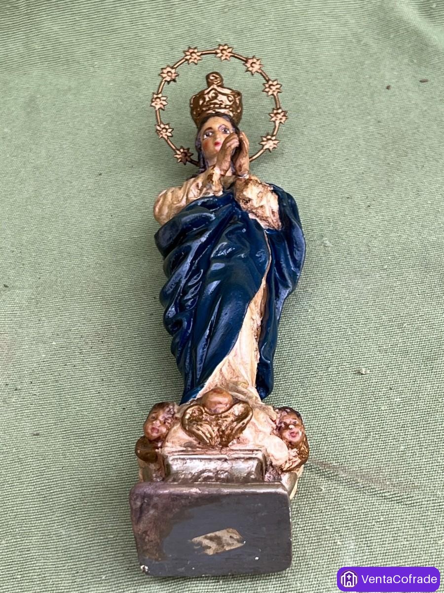 Virgen Inmaculada Concepción antigua s.XIX en estaño policromado con corona y halo originales - foto 6