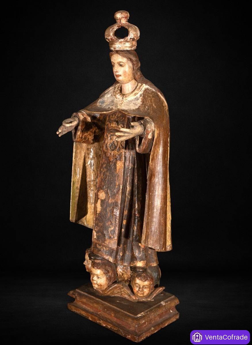 Virgen del Carmen talla en madera policromada Siglo XVII-XVIII con querubines - foto 4