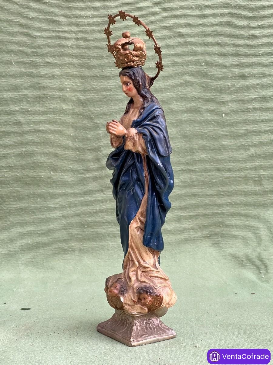 Virgen Inmaculada Concepción antigua s.XIX en estaño policromado con corona y halo originales - foto 5