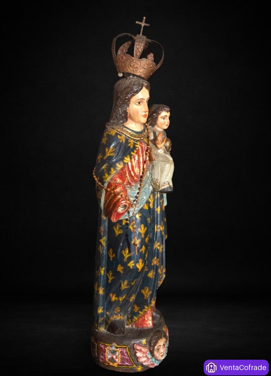 Virgen del Rosario con Niño, gran talla colonial en madera policromada, siglo XVIII, 100 cm - foto 5