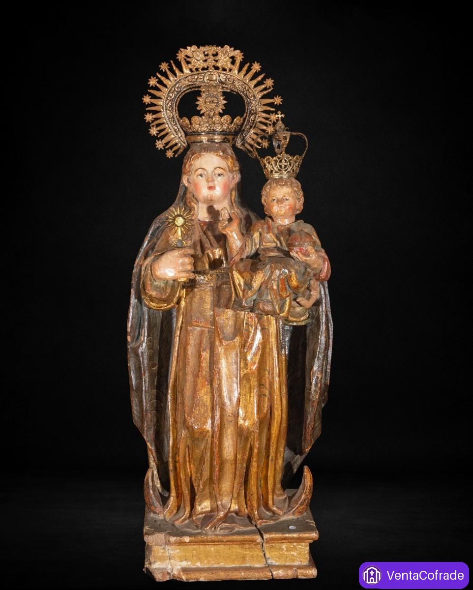 Virgen con Niño talla madera policromada y dorada España c.1600 coronas antiguas - foto 1