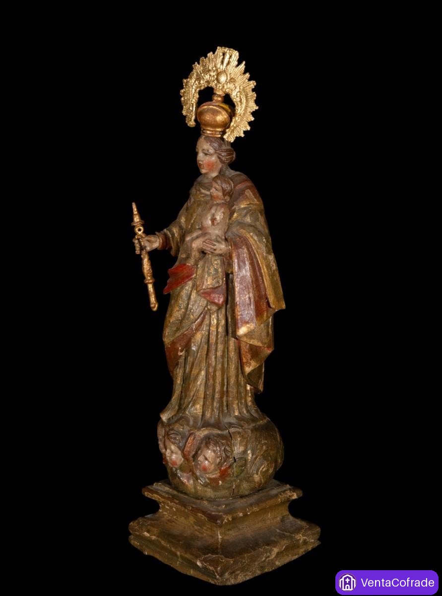 Virgen con Niño barroca en madera policromada y dorada, siglo XVII, 49 cm - foto 2
