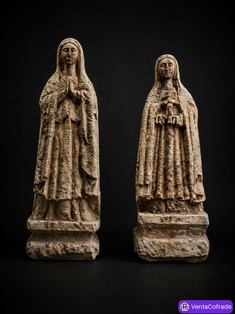 Pareja de esculturas religiosas en granito, estilo gótico, 57 y 52 cm. S XIX - foto 1