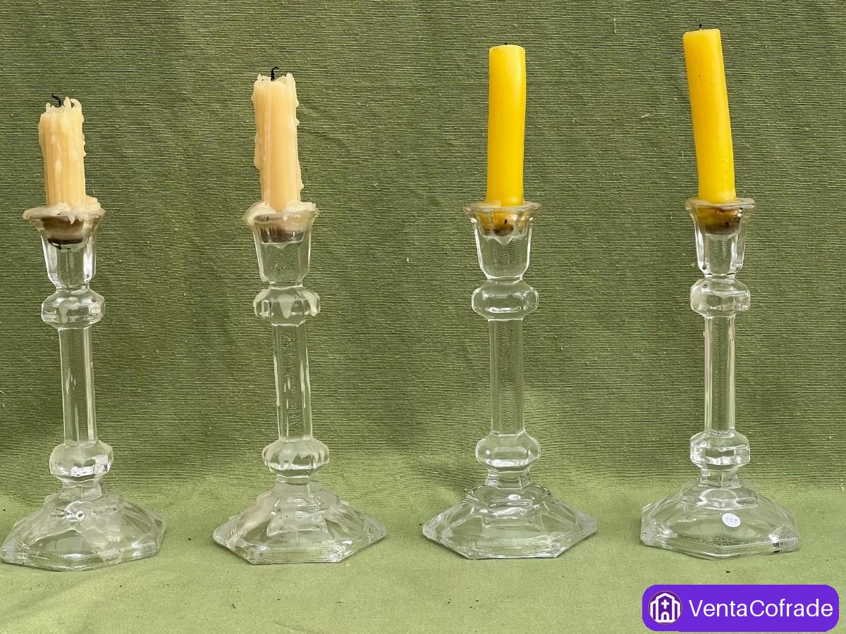 Conjunto de 4 candeleros antiguos de cristal prensado s.XIX-XX bases hexagonales - foto 1