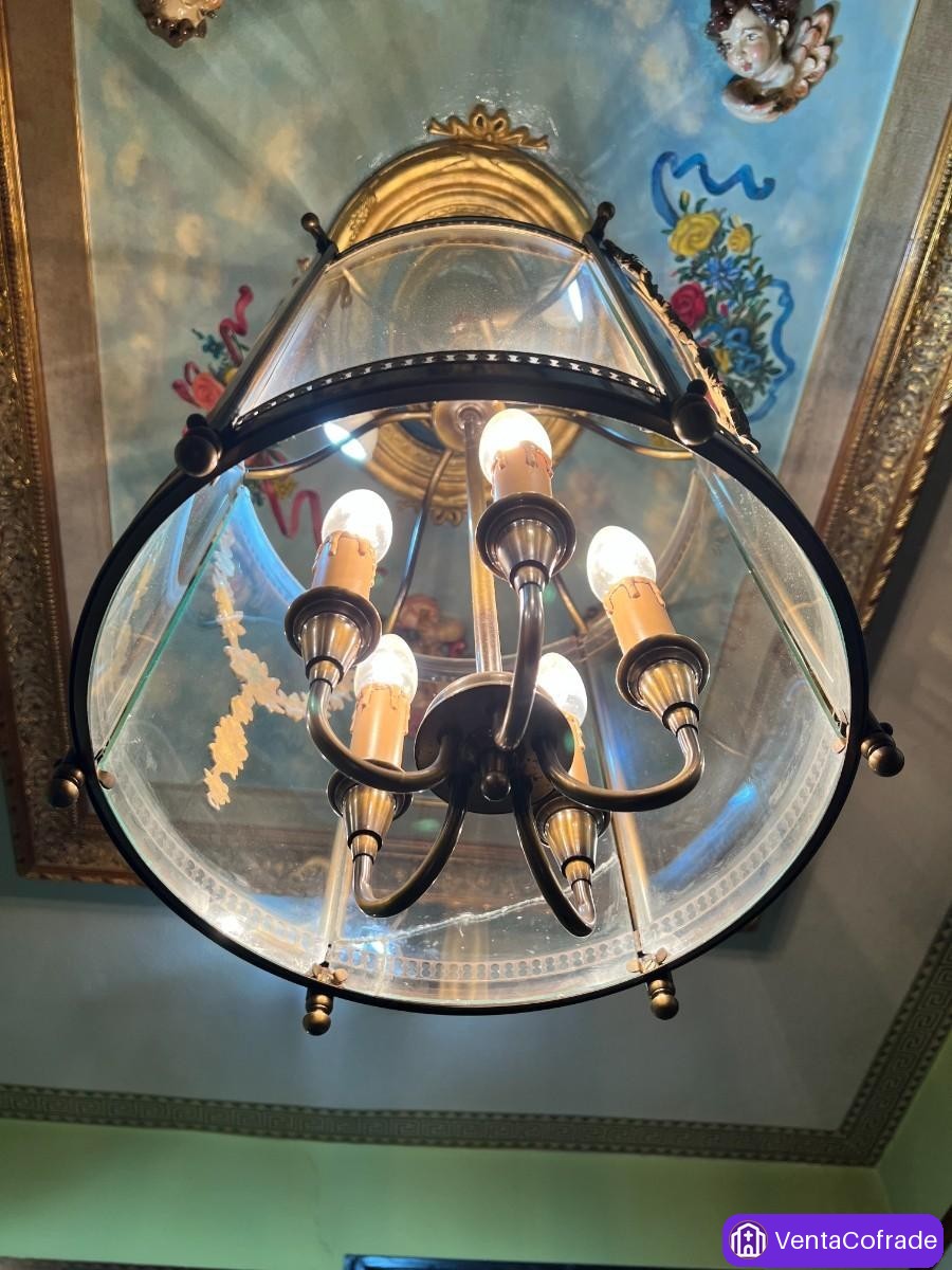 Lámpara antigua de techo tipo linterna en latón y cristal, estilo Imperio, siglo XIX - foto 6