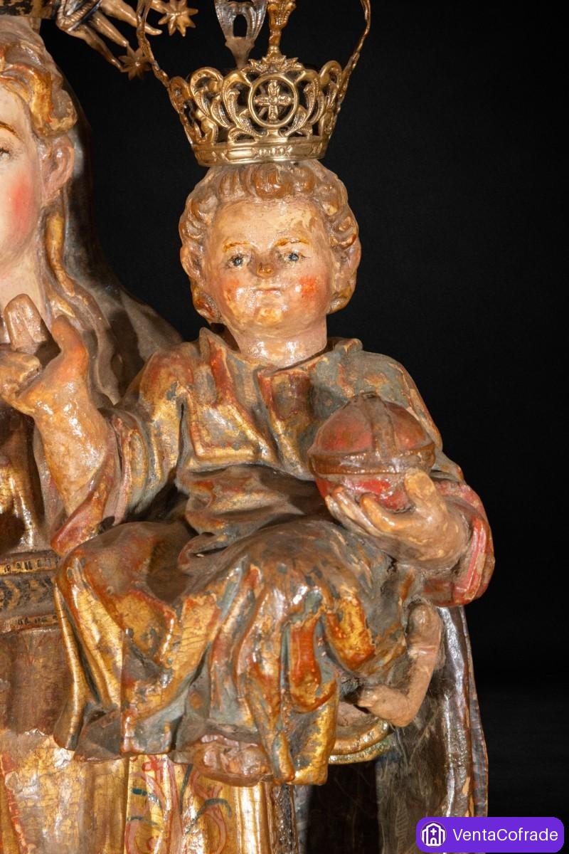 Virgen con Niño talla madera policromada y dorada España c.1600 coronas antiguas - foto 4